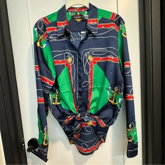Lauren Ralph Lauren Navy and Green Blouse - Picture 2 of 7
